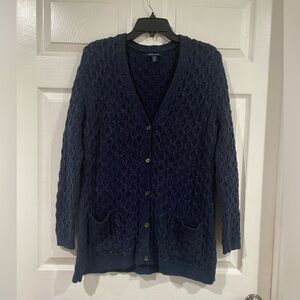 Land's End Navy Metallic Button Down Knit Cardigan Large Petite 14/16 Women's